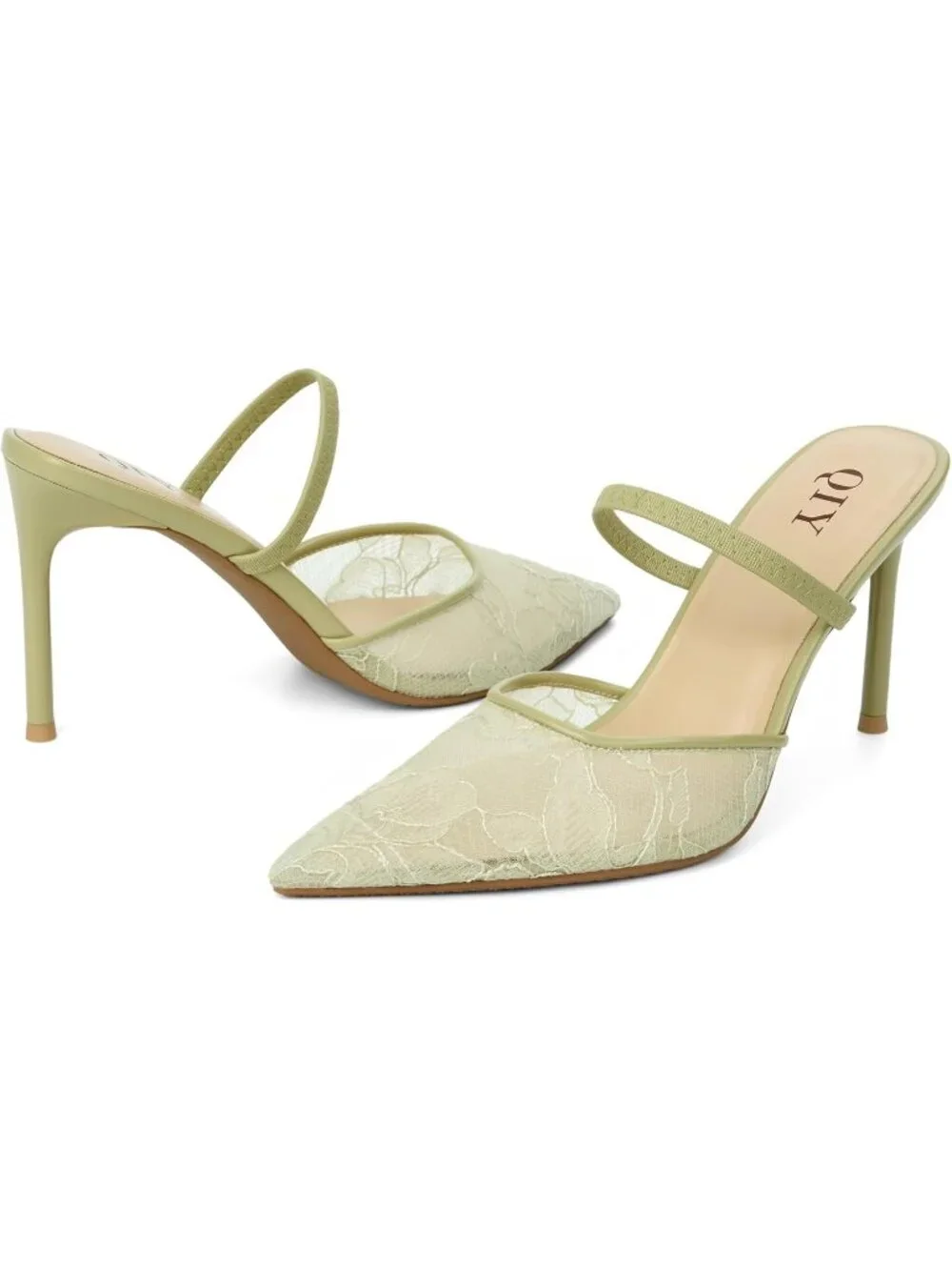 Women's Green Lace Pointed Toe Slingback Stiletto Pumps Slip On Heel Mule Shoes